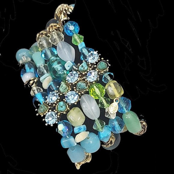 Jewelry - Gold Tone Stretch Multistrand Bracelet with Blue Green Beads & Gems